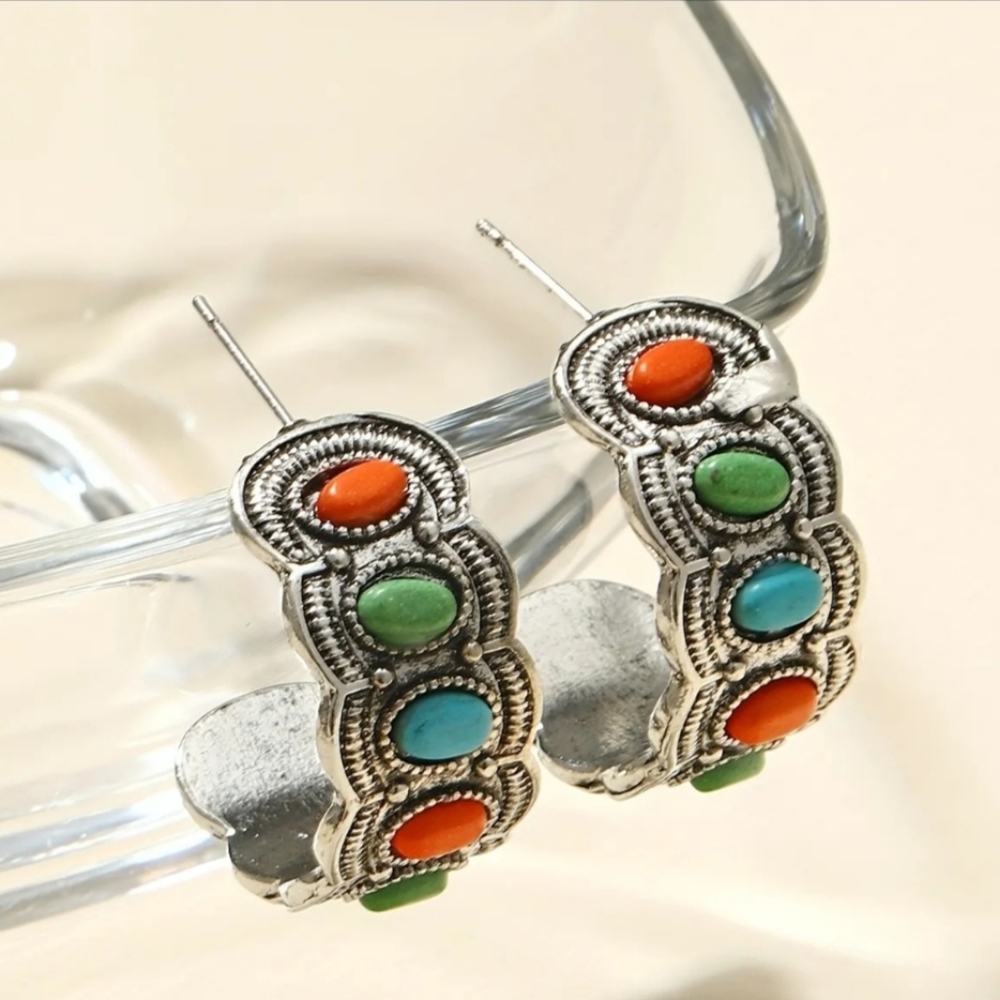 Multi Color Turquoise Earrings Hoop - Picture 4 of 4
